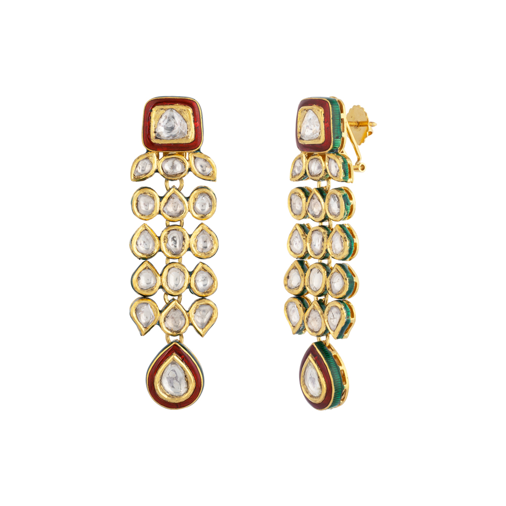 Cascading Polki Pendant with Red Enamel & Teardrop Polkis